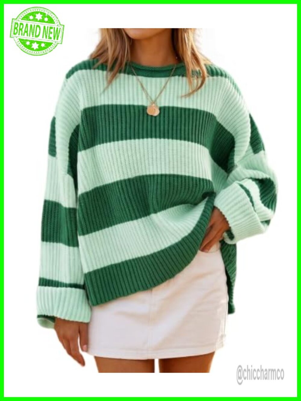 Oversized Striped Sweater, Long Sleeve Drop Shoulder Pullover, 100% Polyester